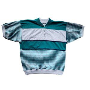 Men's 80s Medium Greenline Henley Polo Shirt Striped w/Snap Buttons + Pocket